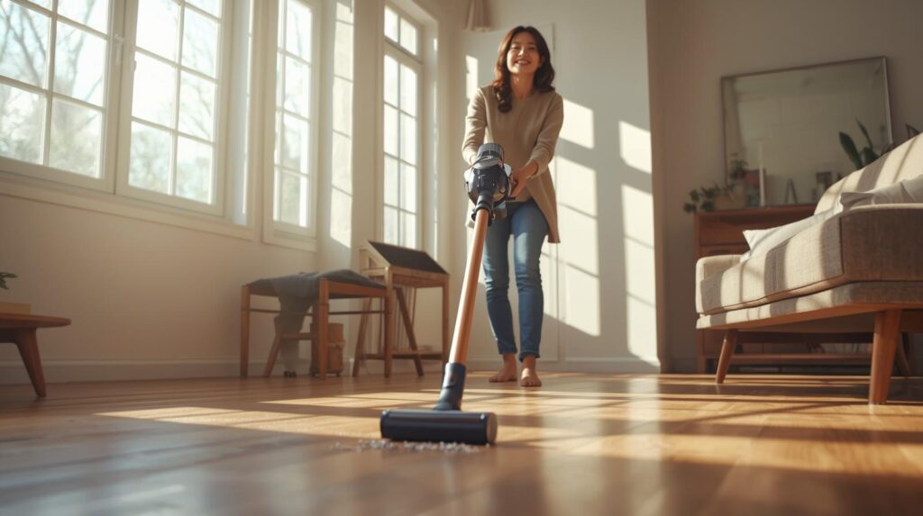 Smiling woman using a cordless stick vacuum cleaner in a bright living room, showing how a $120 purchase transformed her housework routine